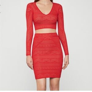 Red Textured Bodycon Pencil Skirt and Long Sleeve Cropped Top Set